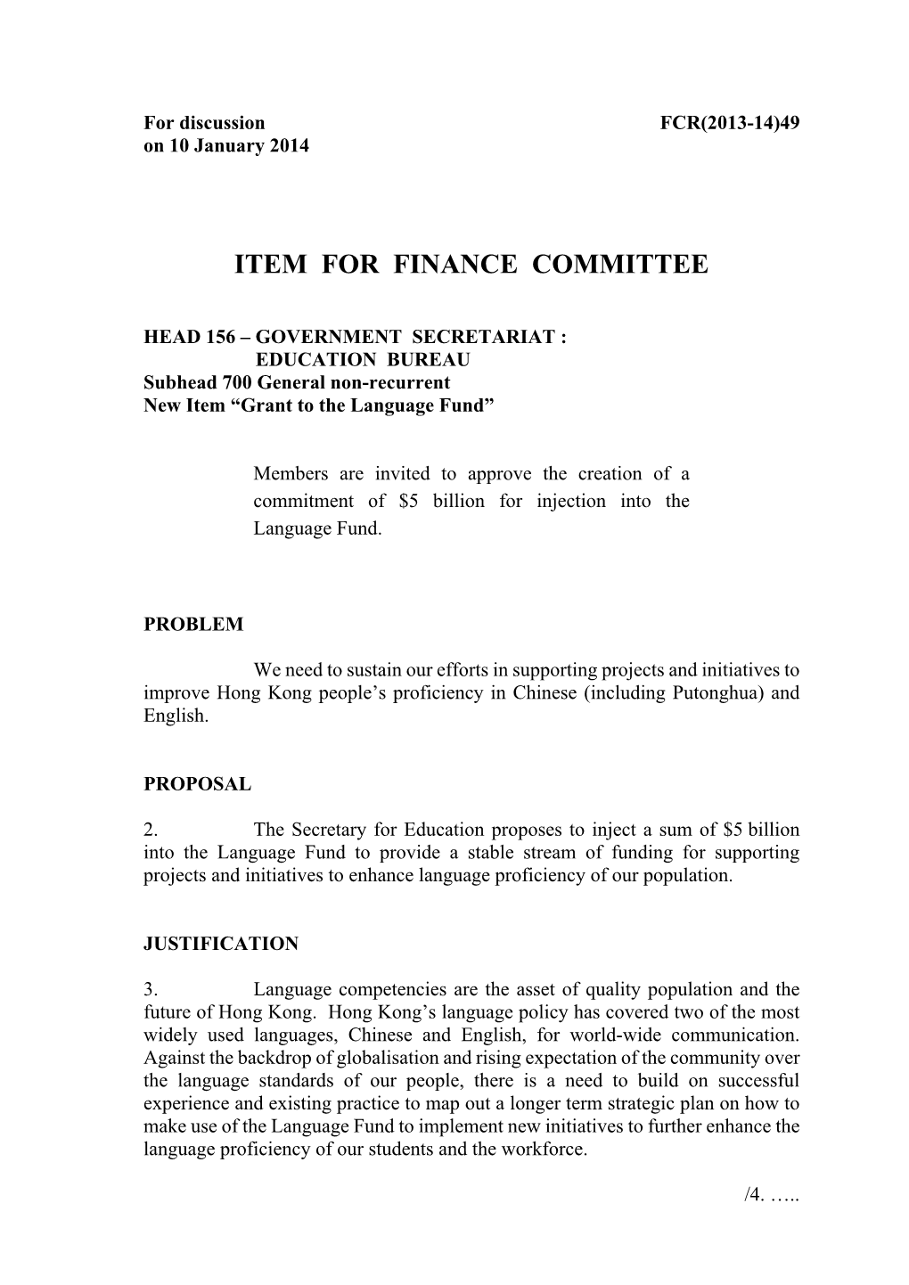 Item for Finance Committee