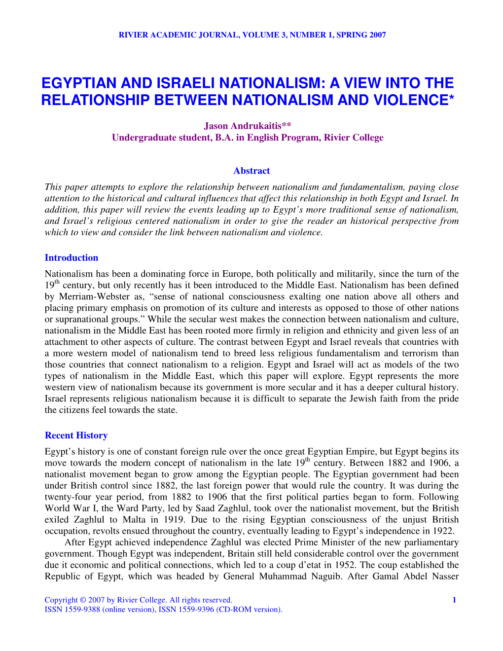 Egyptian and Israeli Nationalism: a View Into the Relationship Between Nationalism and Violence*