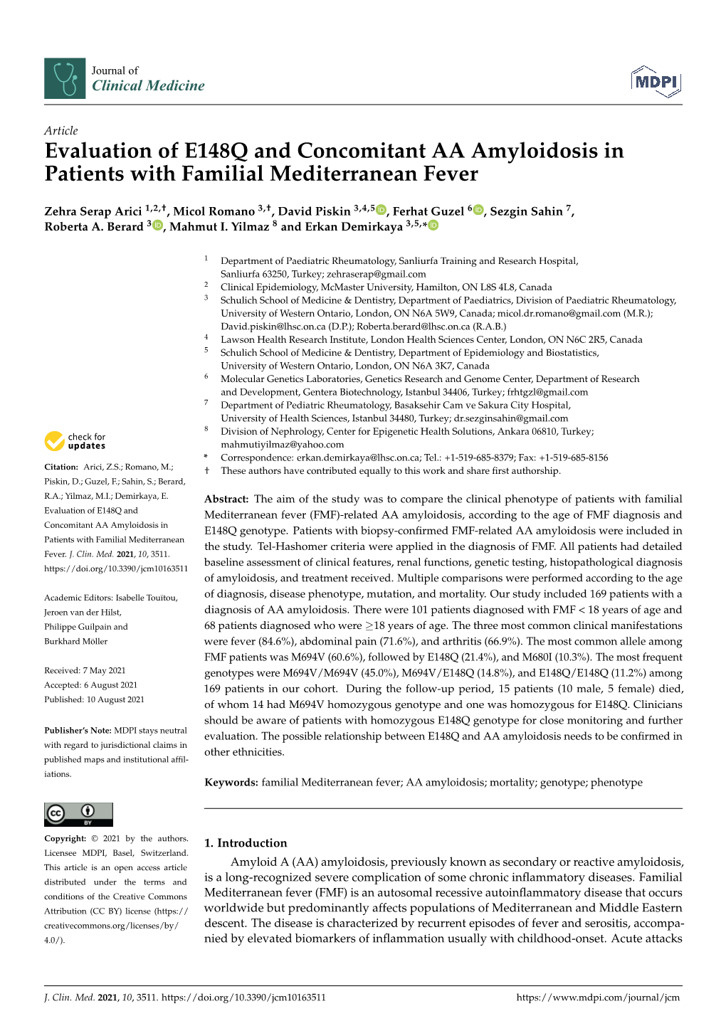 Evaluation of E148Q and Concomitant AA Amyloidosis in Patients with Familial Mediterranean Fever