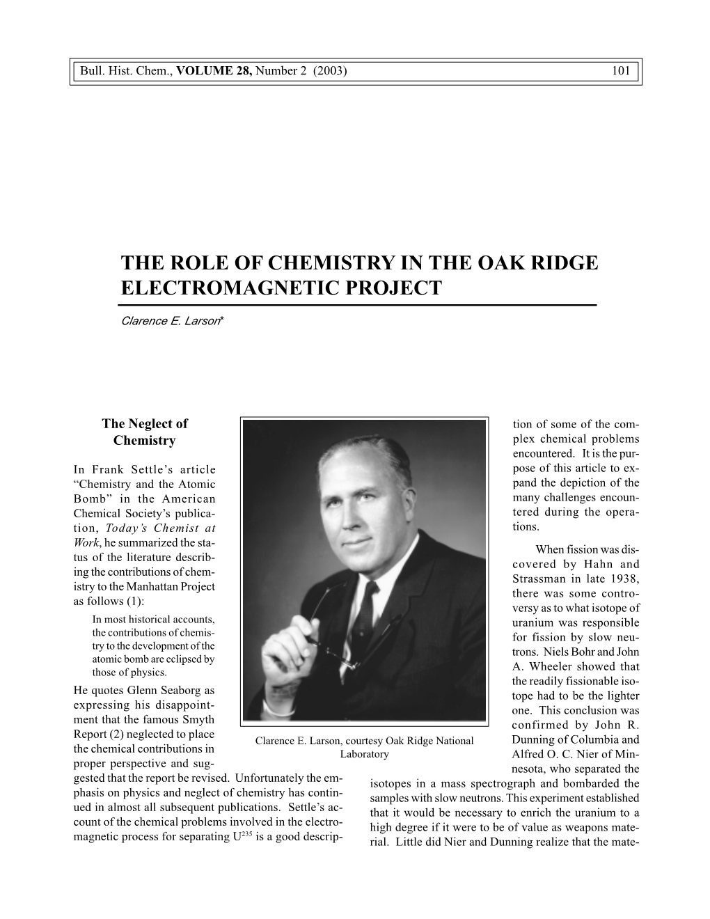 The Role of Chemistry in the Oak Ridge Electromagnetic Project