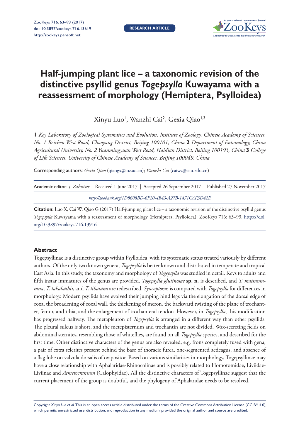 Half-Jumping Plant Lice – a Taxonomic Revision of the Distinctive Psyllid Genus Togepsylla Kuwayama with a Reassessment of Morphology (Hemiptera, Psylloidea)