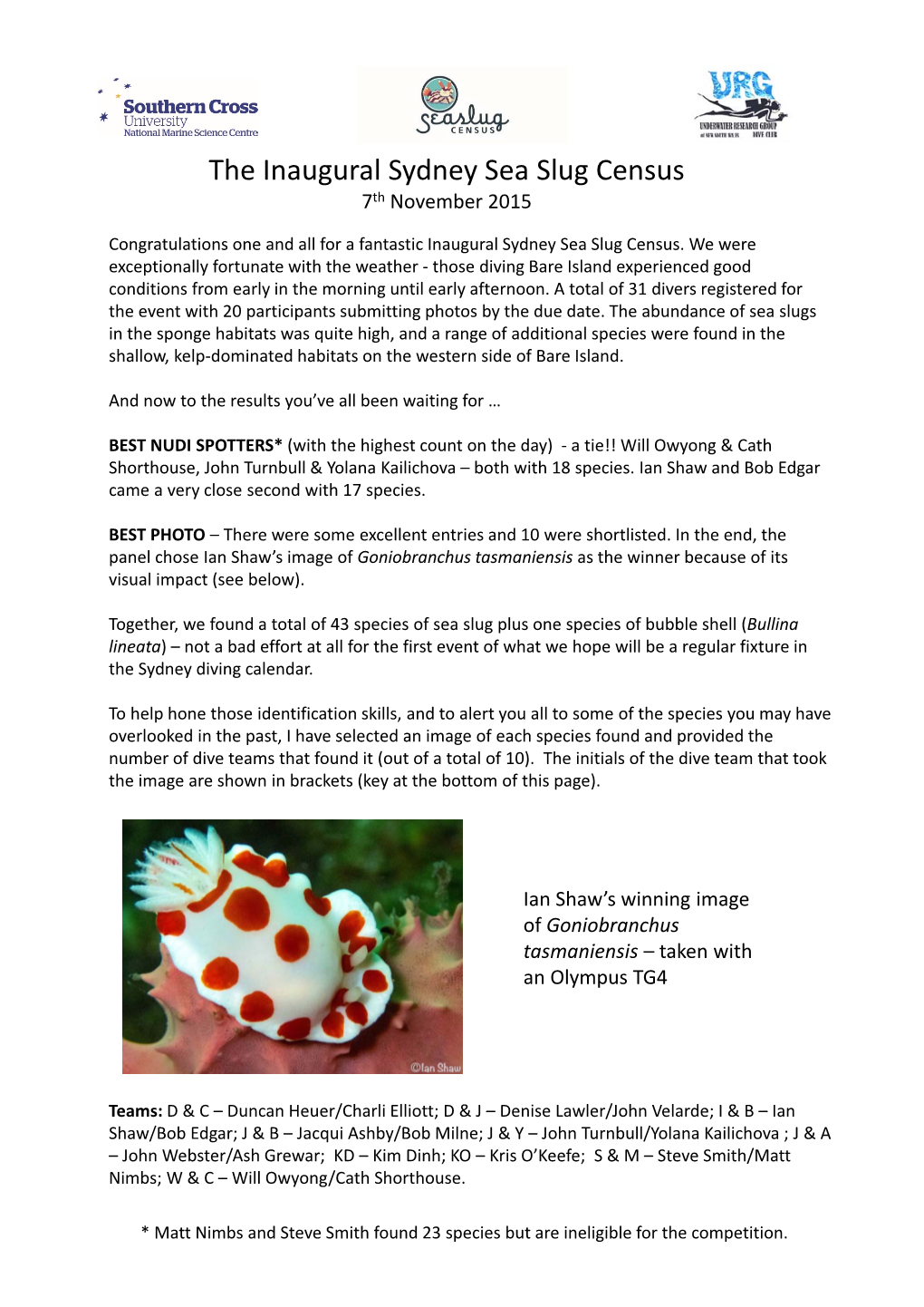 The Inaugural Sydney Sea Slug Census 7Th November 2015