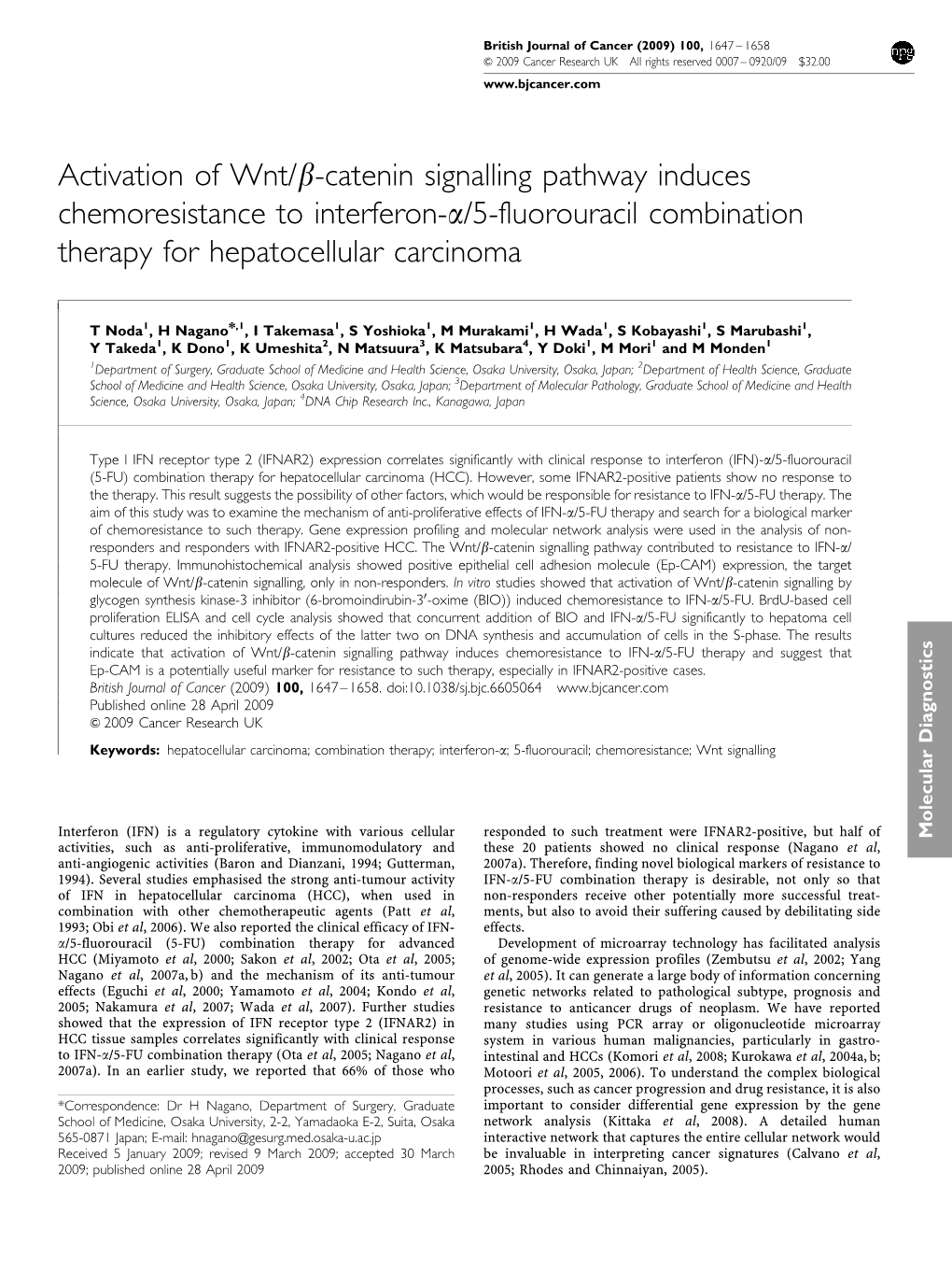 Catenin Signalling Pathway Induces Chemoresistance to Interferon-A/5-Fluorouracil Combination Therapy for Hepatocellular Carcinoma