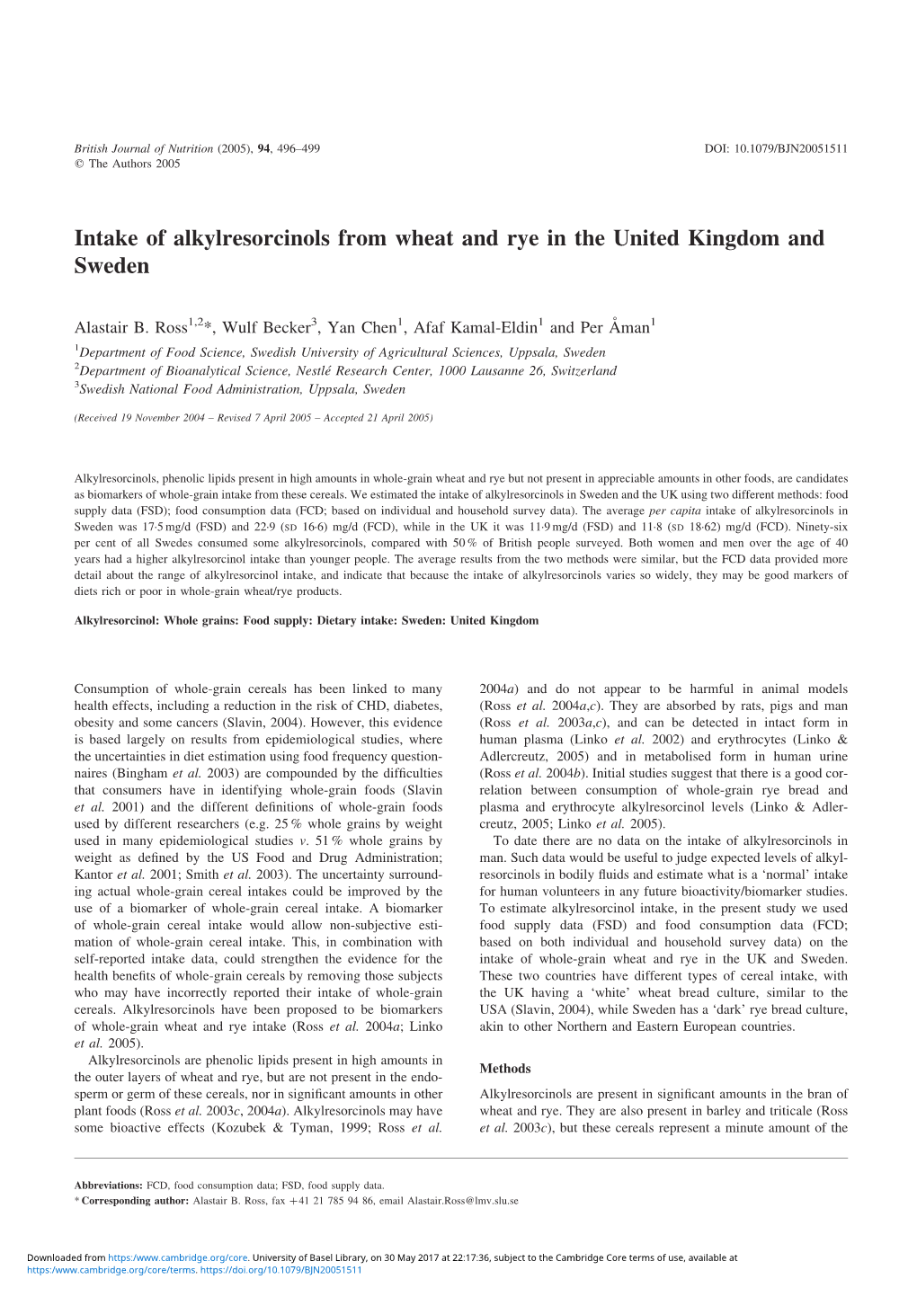 Intake of Alkylresorcinols from Wheat and Rye in the United Kingdom and Sweden