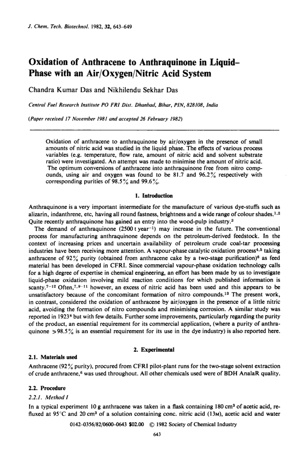 Oxidation of Anthracene to Anthraquinone in Liquid- Phase with an Air/Oxygen/Nitric Acid System