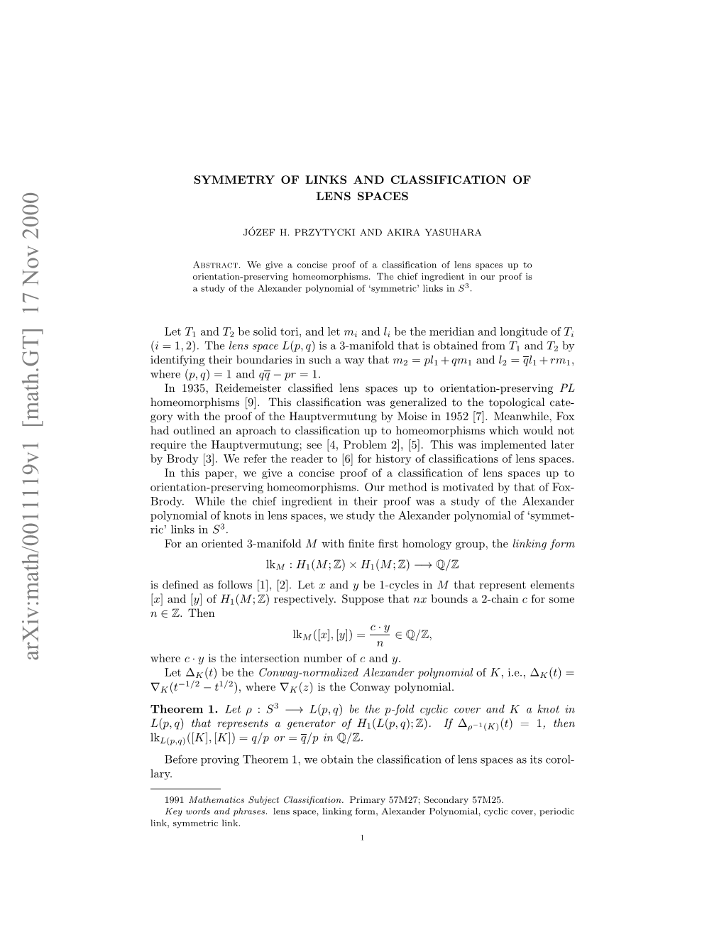 Symmetry of Links and Classification of Lens Spaces 3