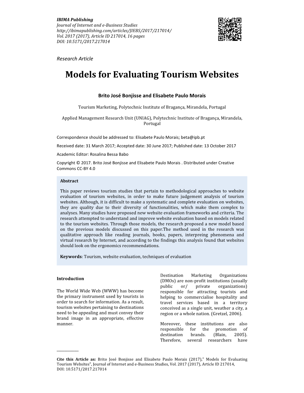 Models for Evaluating Tourism Websites