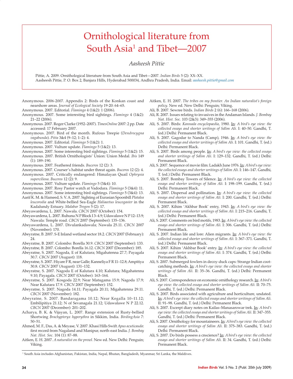 Ornithological Literature from South Asia1 and Tibet—2007