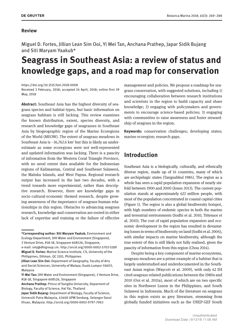 Seagrass in Southeast Asia: a Review of Status and Knowledge Gaps, and a Road Map for Conservation Management and Policies