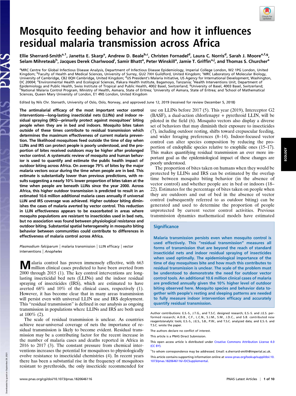 Mosquito Feeding Behavior and How It Influences Residual Malaria Transmission Across Africa