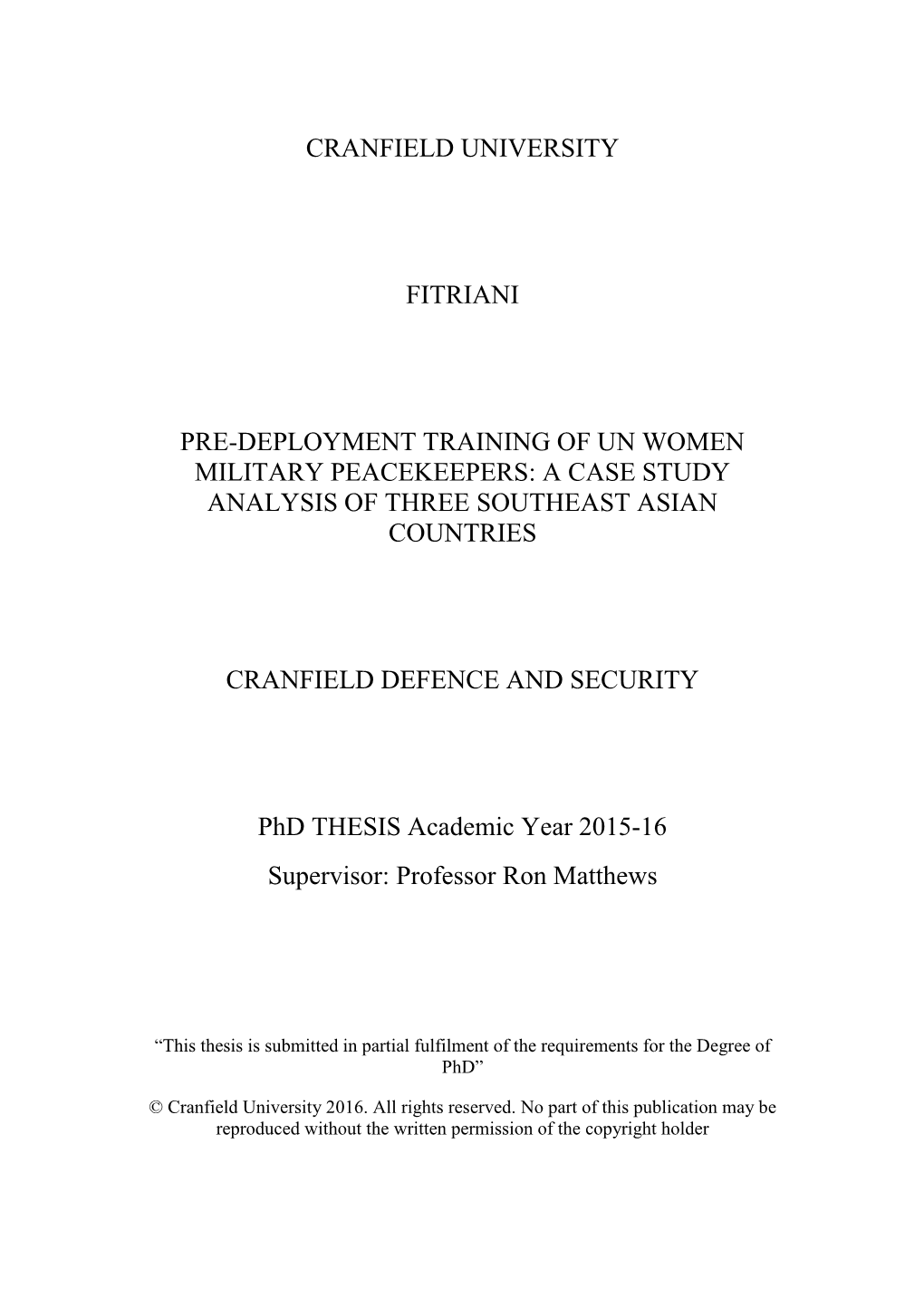 Cranfield University Fitriani Pre-Deployment Training Of