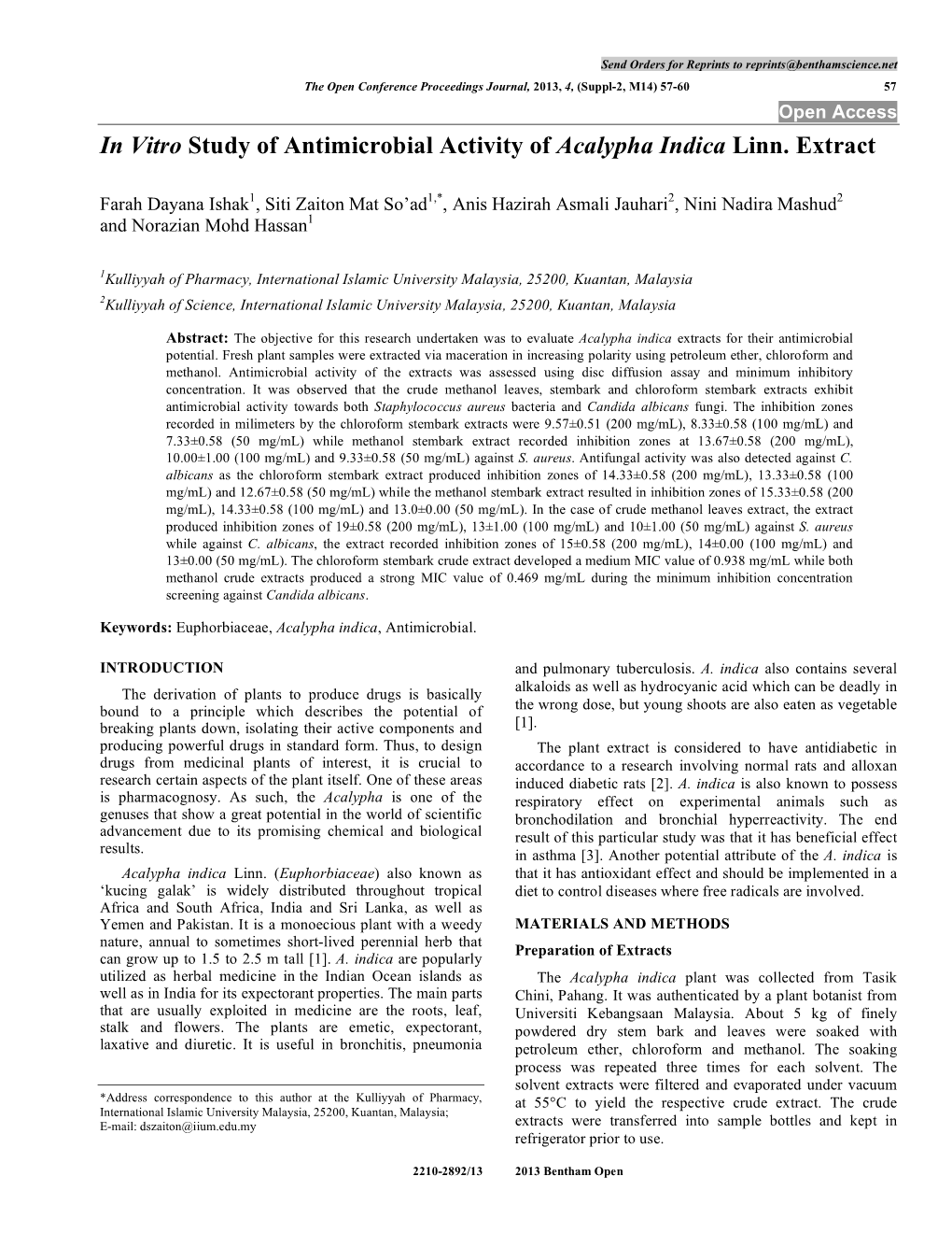 In Vitro Study of Antimicrobial Activity of Acalypha Indica Linn. Extract