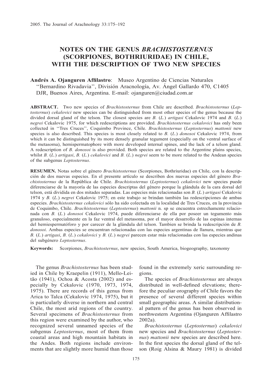 Notes on the Genus Brachistosternus (Scorpiones, Bothriuridae) in Chile, with the Description of Two New Species