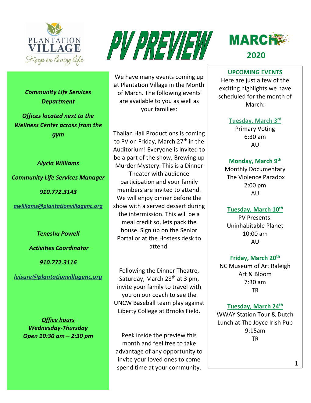 We Have Many Events Coming up at Plantation Village in the Month Of