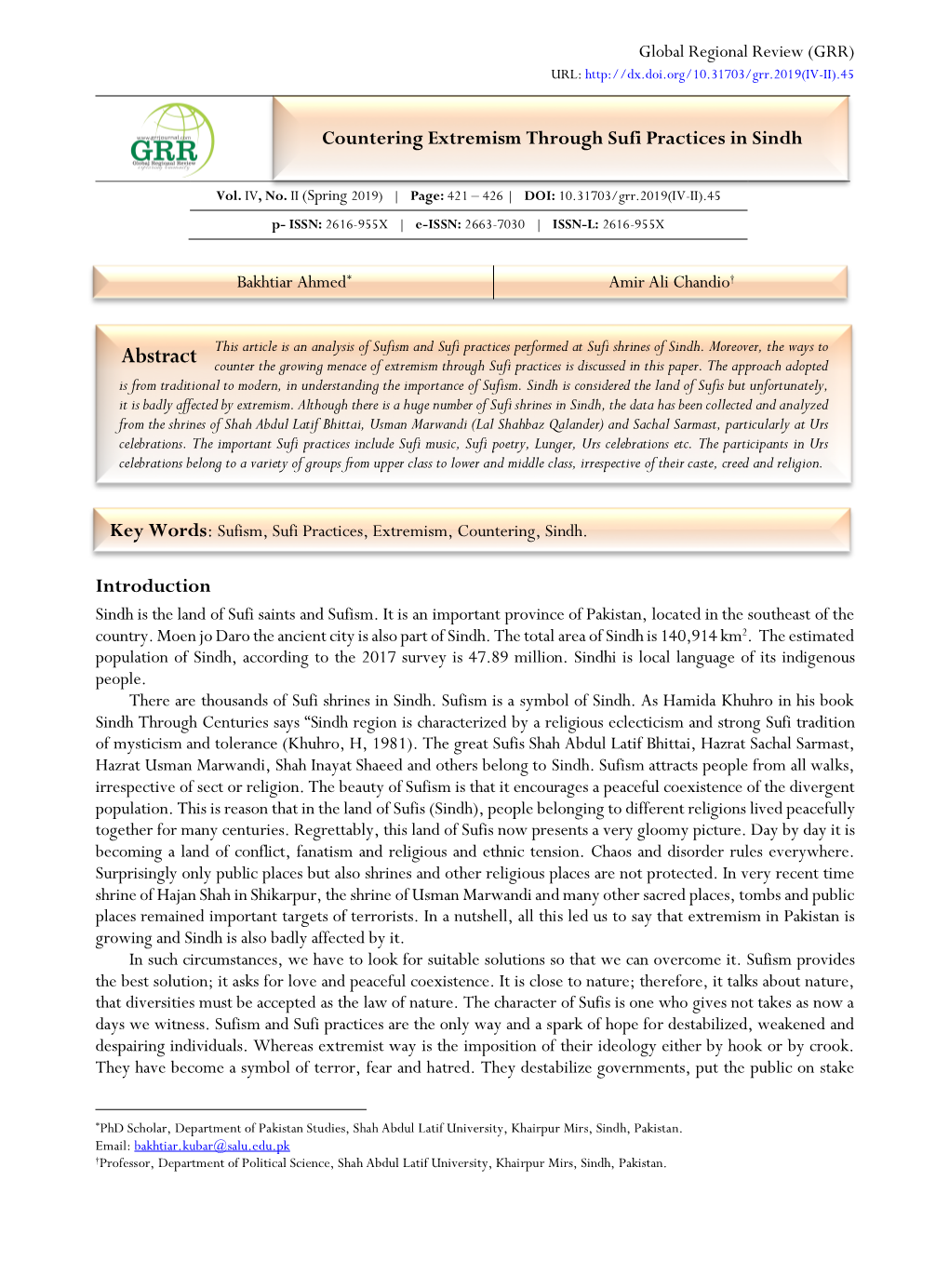 Abstract Counter the Growing Menace of Extremism Through Sufi Practices Is Discussed in This Paper