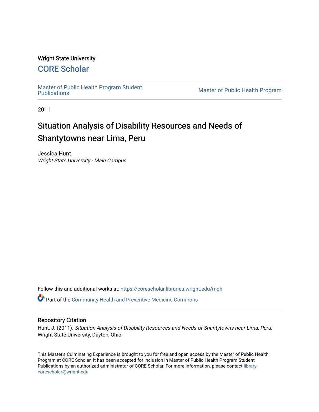 Situation Analysis of Disability Resources and Needs of Shantytowns Near Lima, Peru