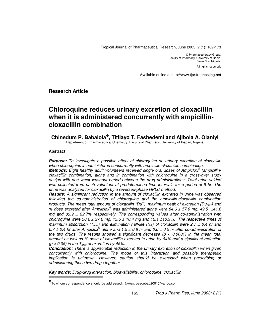 Chloroquine Reduces Urinary Excretion of Cloxacillin When It Is Administered Concurrently with Ampicillin- Cloxacillin Combination