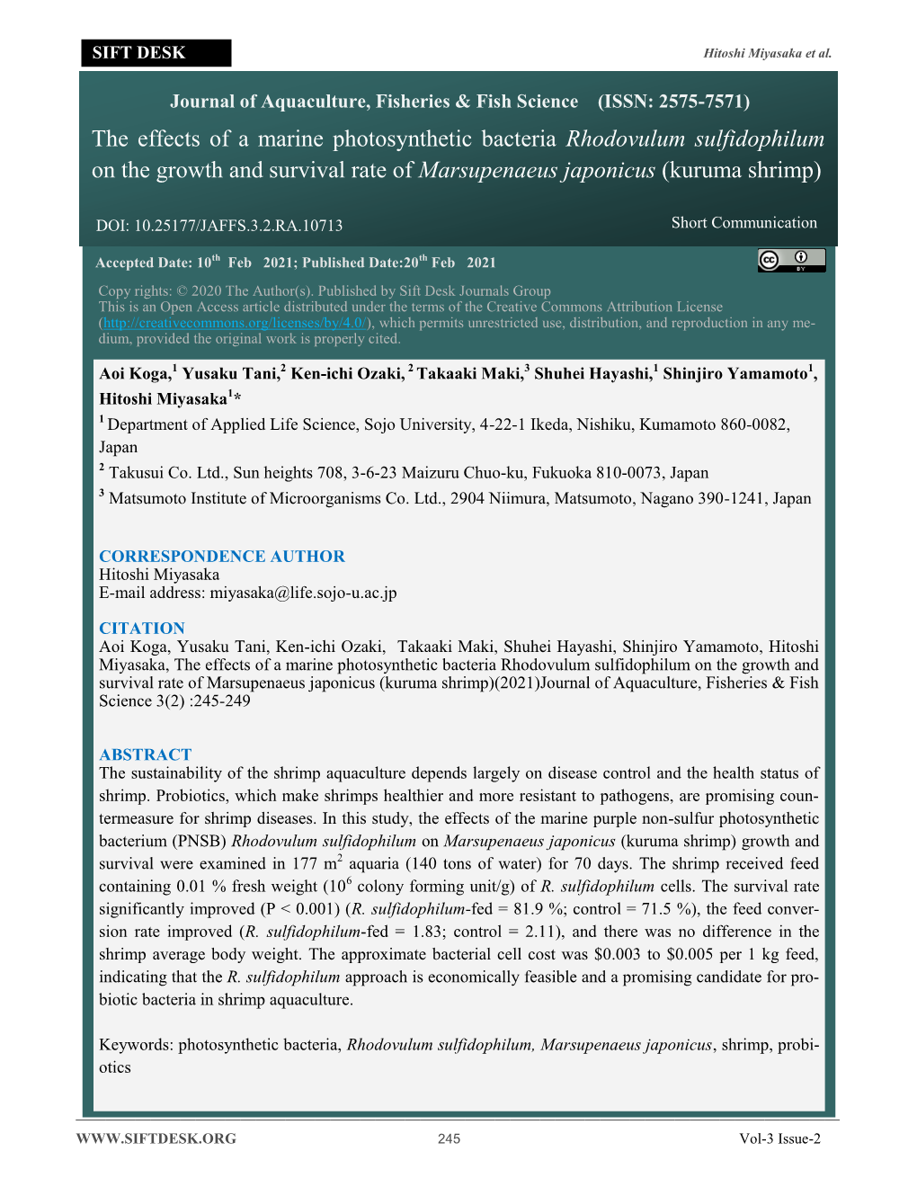 The Effects of a Marine Photosynthetic Bacteria Rhodovulum Sulfidophilum on the Growth and Survival Rate of Marsupenaeus Japonicus (Kuruma Shrimp)