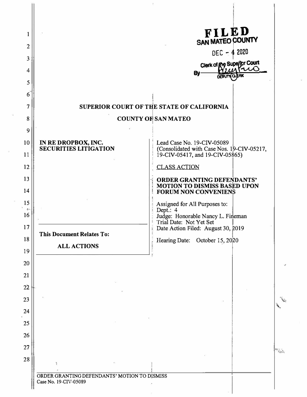 Class Action – in Re Dropbox Securities Litigation