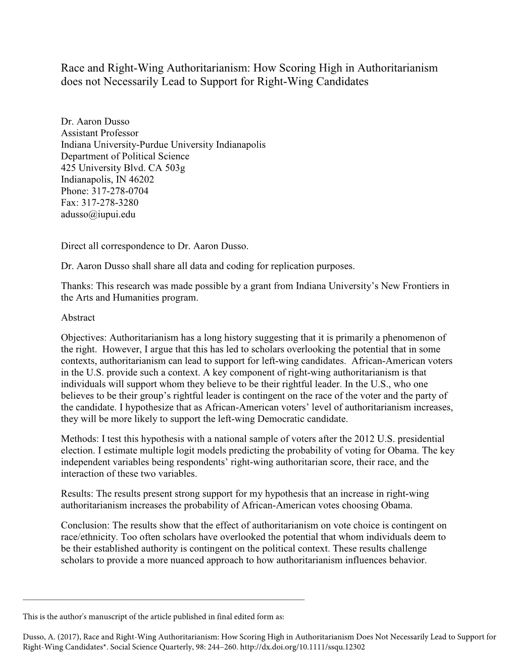 Race and Right-Wing Authoritarianism: How Scoring High in Authoritarianism Does Not Necessarily Lead to Support for Right-Wing Candidates