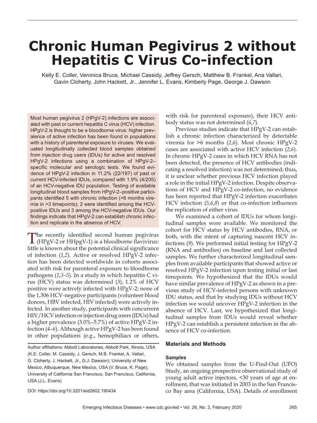 Chronic Human Pegivirus 2 Without Hepatitis C Virus Co-Infection Kelly E