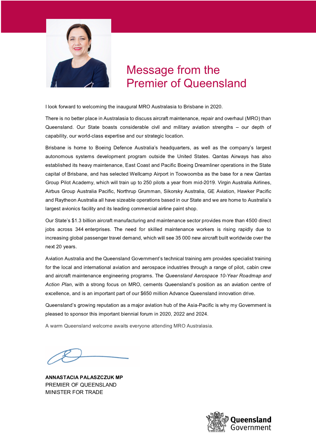 Message from the Premier of Queensland