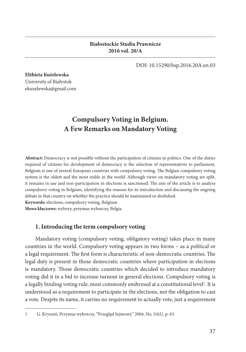 Compulsory Voting in Belgium. a Few Remarks on Mandatory Voting