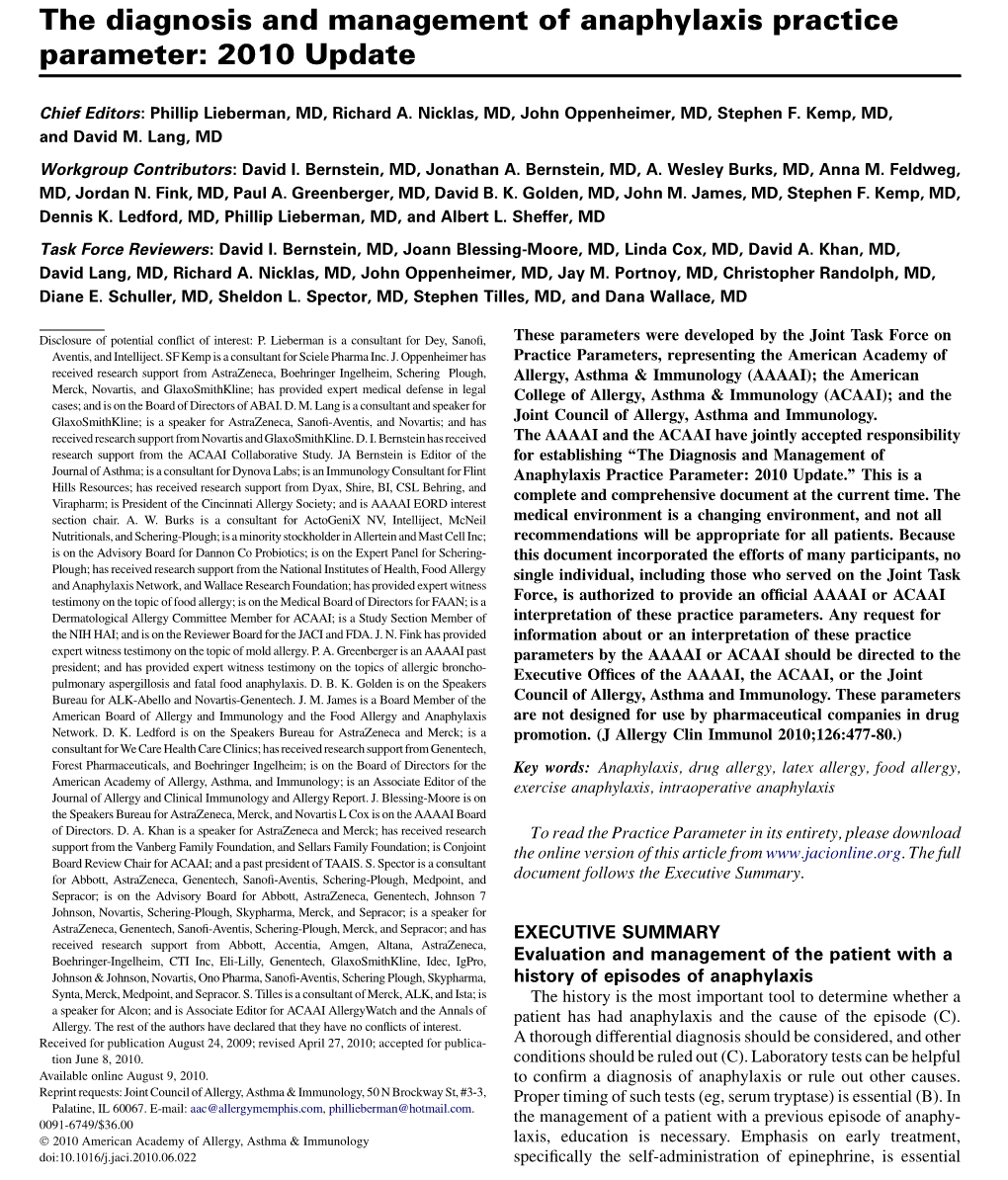 The Diagnosis and Management of Anaphylaxis Practice Parameter: 2010 Update