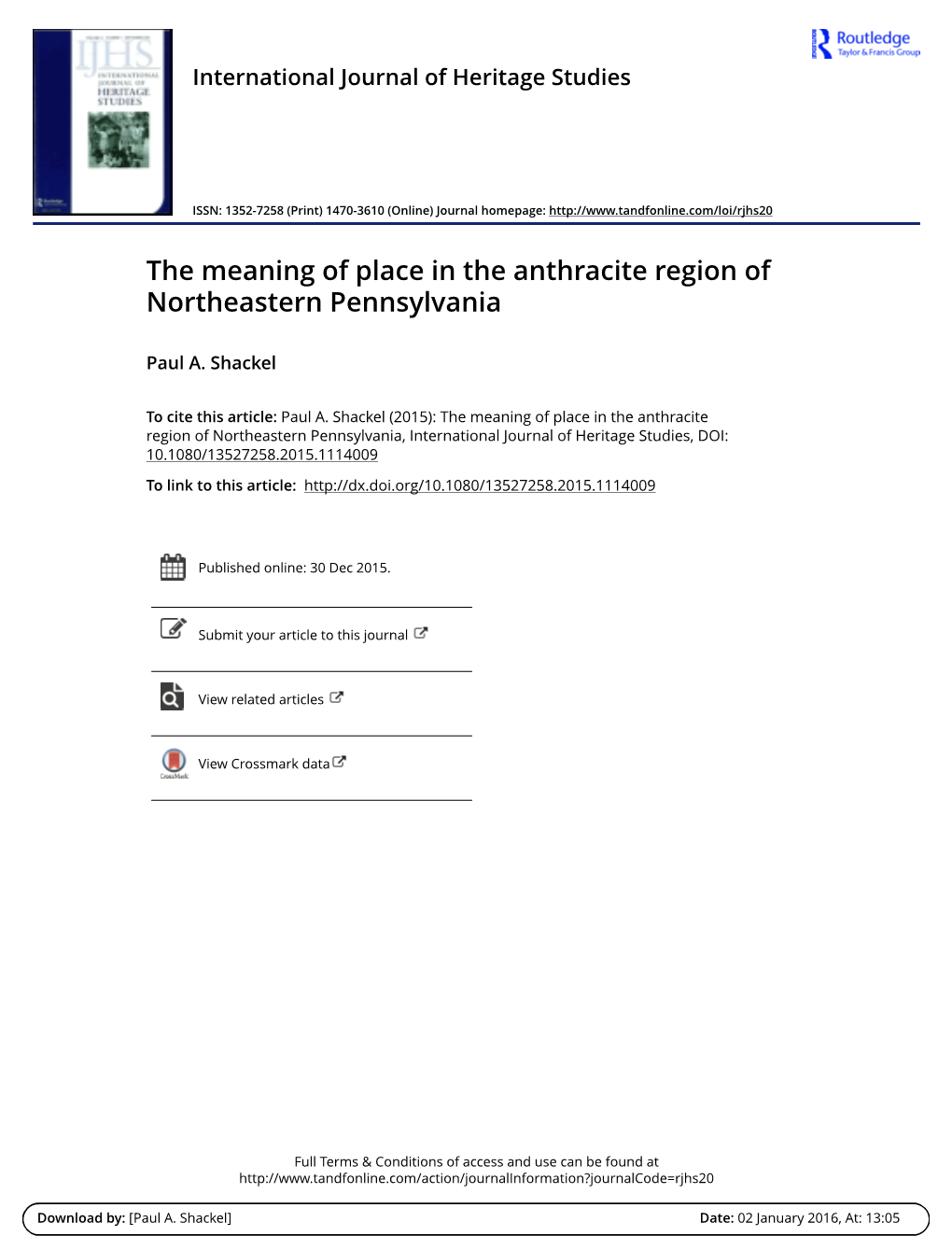 The Meaning of Place in the Anthracite Region of Northeastern Pennsylvania