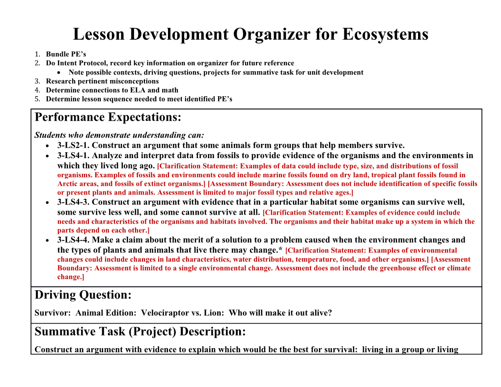 Lesson Development Organizer for Ecosystems