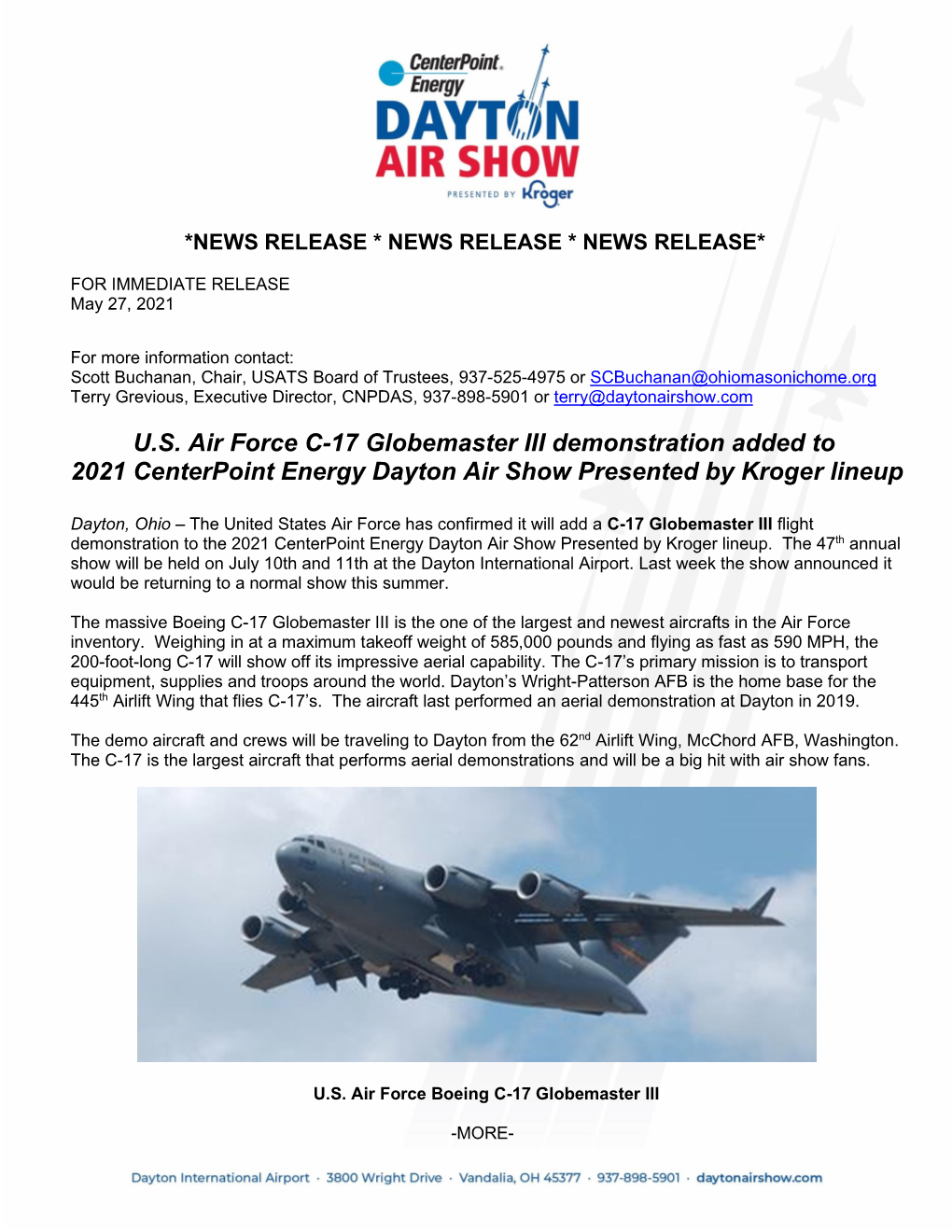 U.S. Air Force C-17 Globemaster III Demonstration Added to 2021 Centerpoint Energy Dayton Air Show Presented by Kroger Lineup