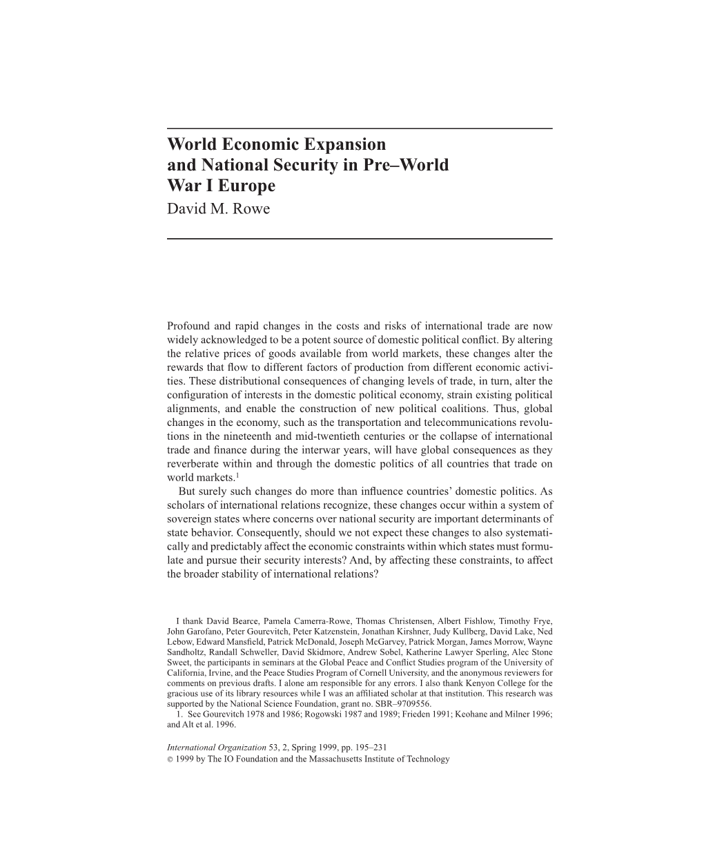 World Economic Expansion and National Security in Pre–World War I Europe David M