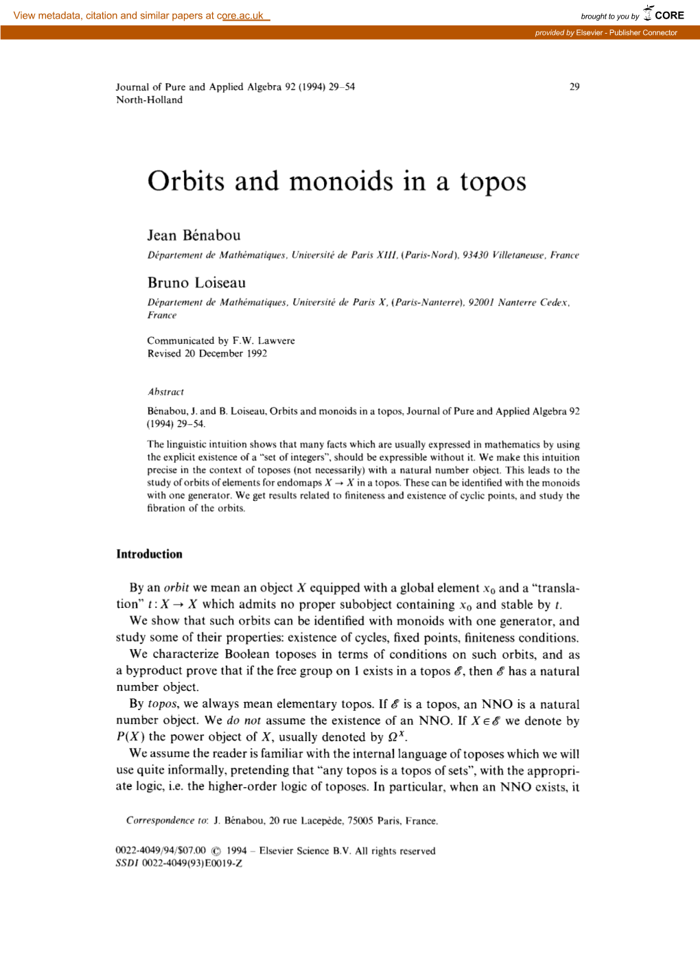 Orbits and Monoids in a Topos