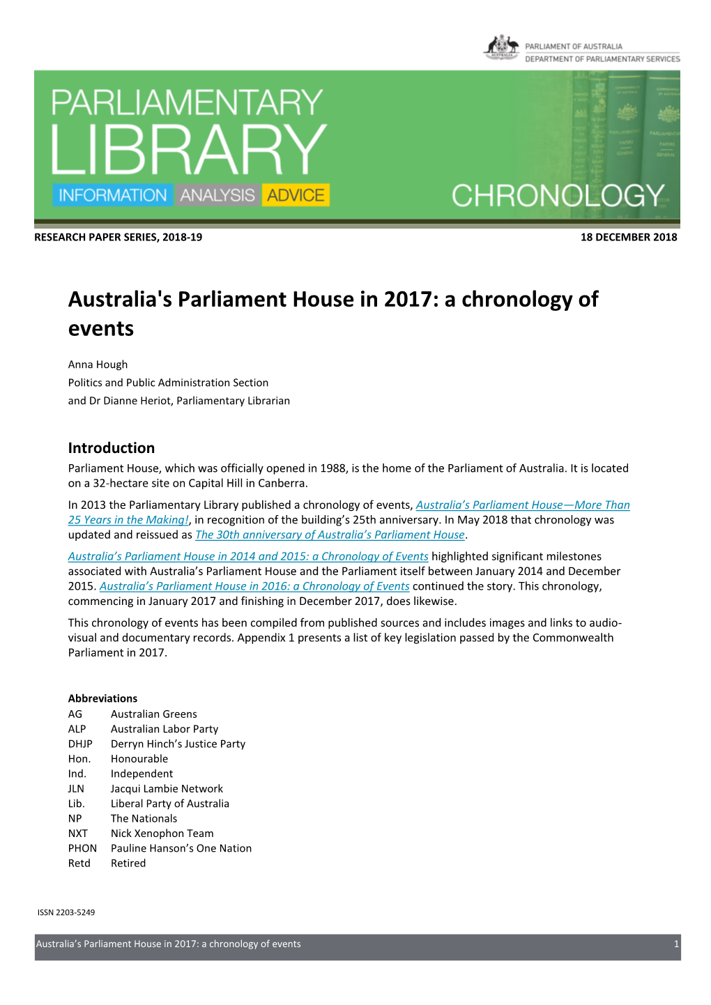 Australia's Parliament House in 2017: a Chronology of Events