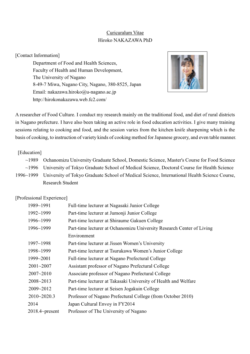 Curicuralum Vitae Hiroko NAKAZAWA Phd [Contact Information