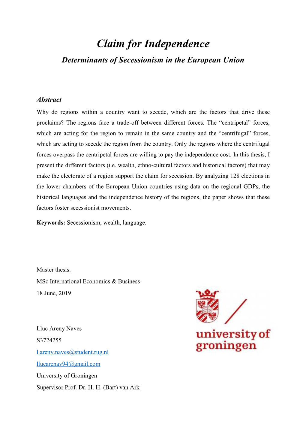 Claim for Independence Determinants of Secessionism in the European Union