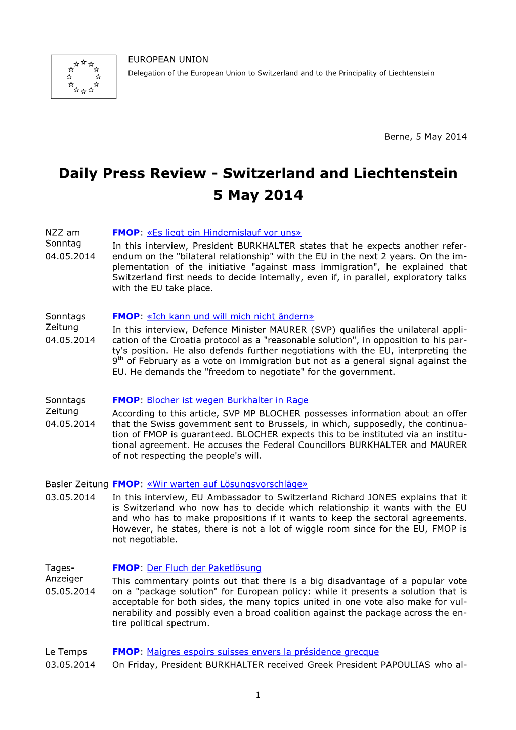 Daily Press Review - Switzerland and Liechtenstein 5 May 2014