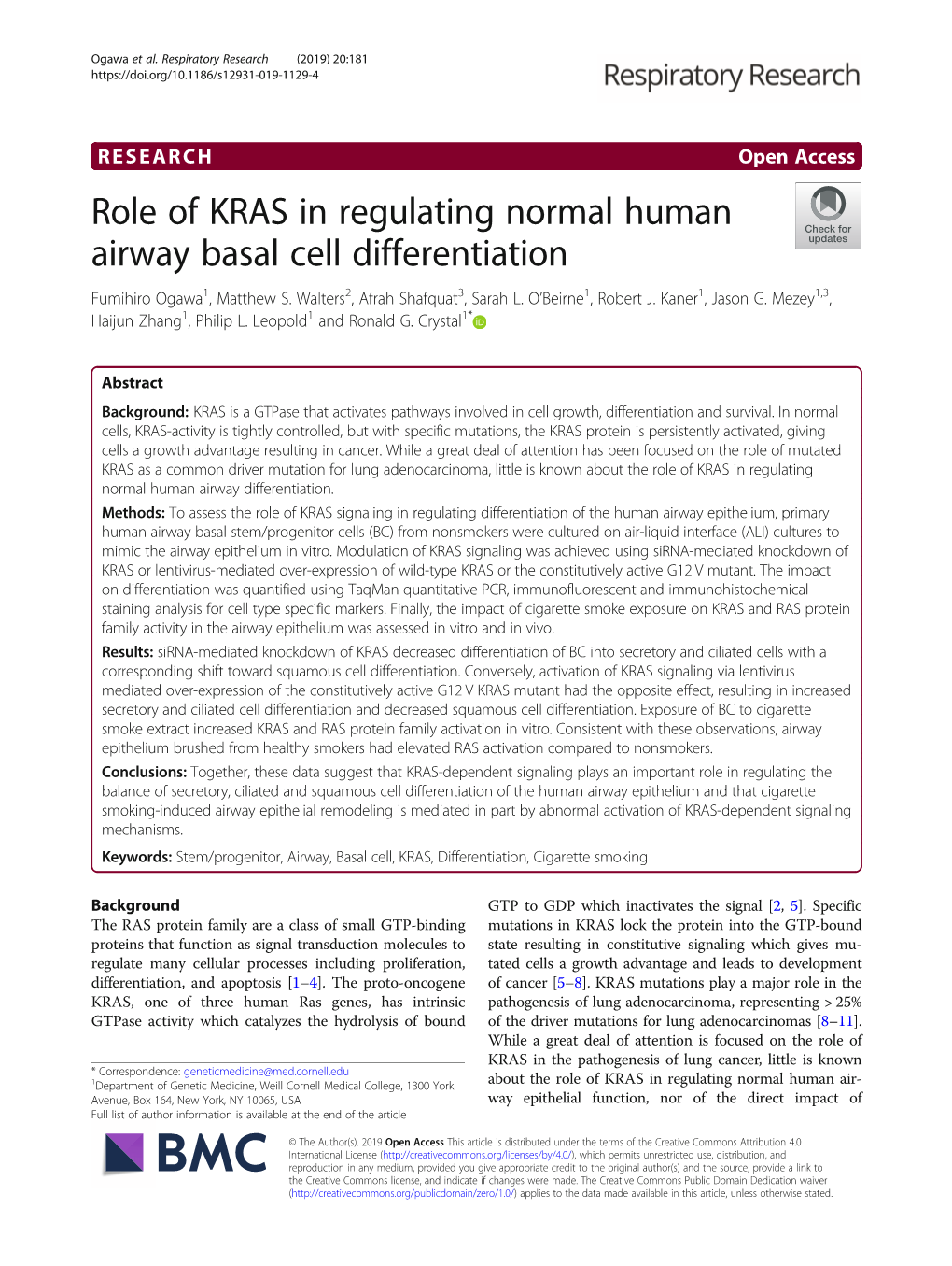 Role of KRAS in Regulating Normal Human Airway Basal Cell Differentiation Fumihiro Ogawa1, Matthew S