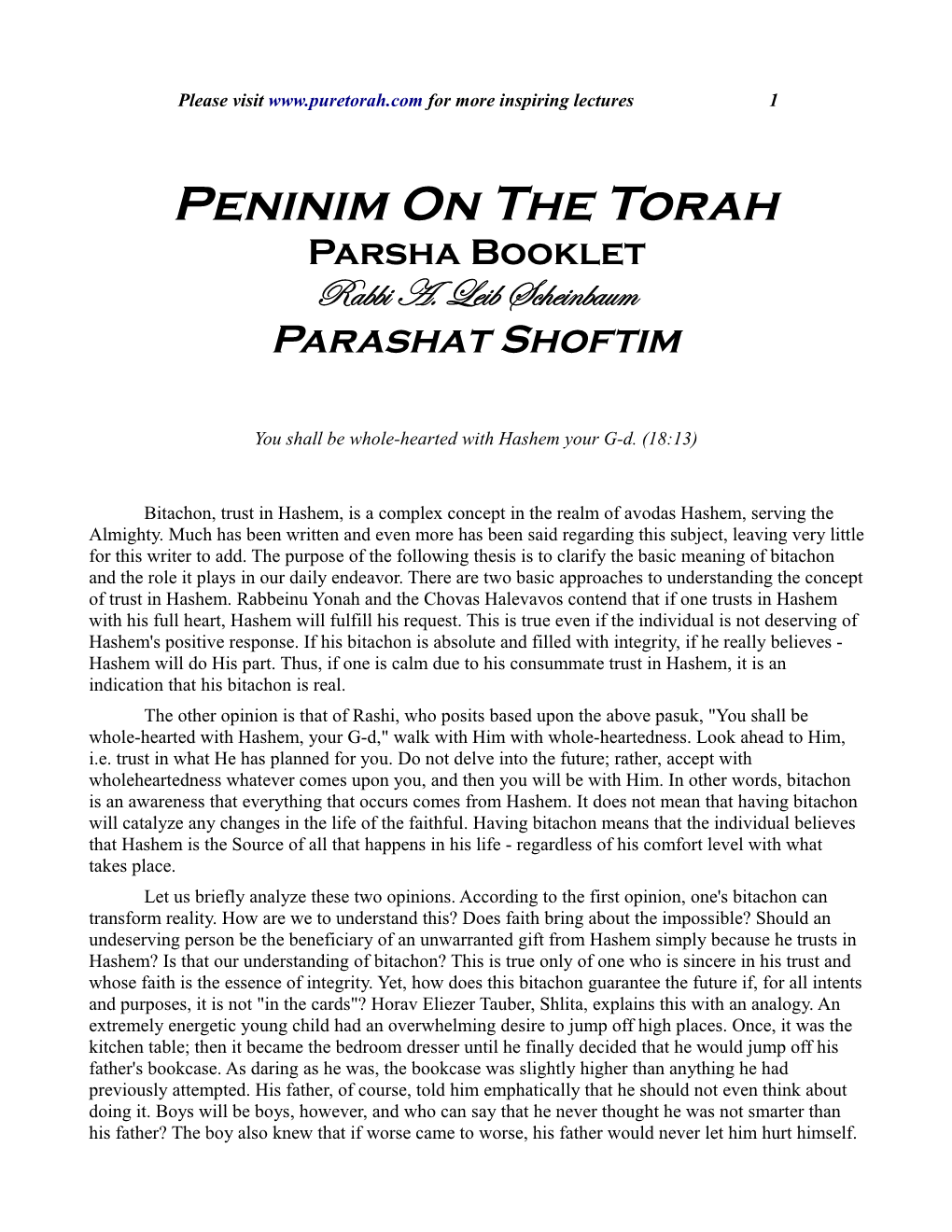 Peninim on the Torah Parsha Booklet Rabbi A