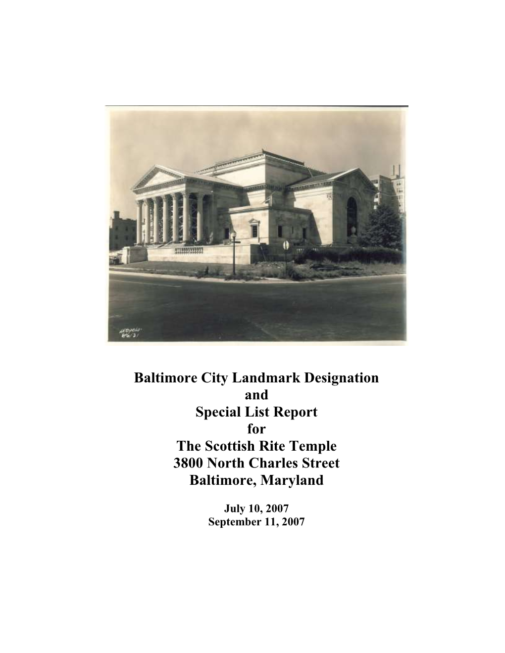 Baltimore City Landmark Designation and Special List Report for the Scottish Rite Temple 3800 North Charles Street Baltimore, Maryland