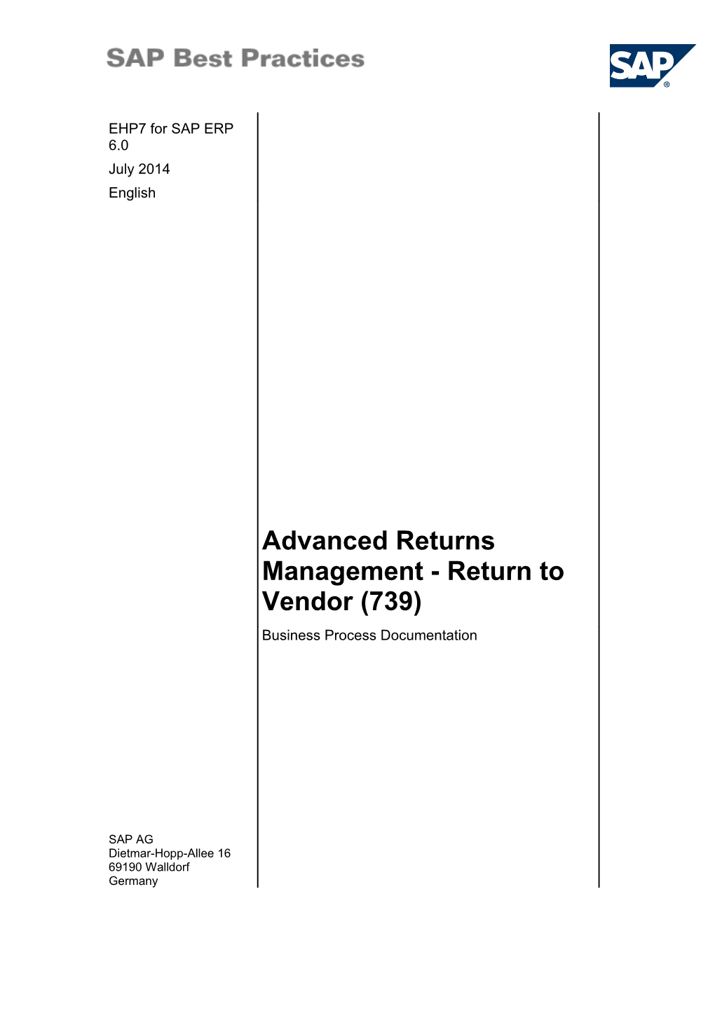 SAP Best Practices Advanced Returns Management - Return to Vendor (739): BPD