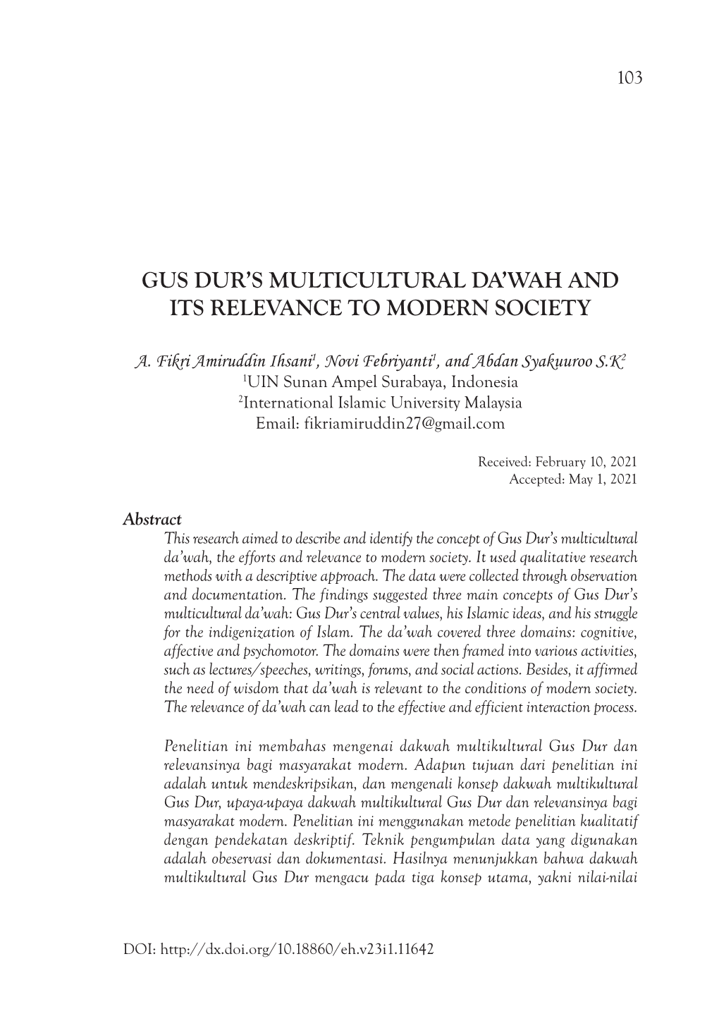 Gus Dur's Multicultural Da'wah and Its Relevance To