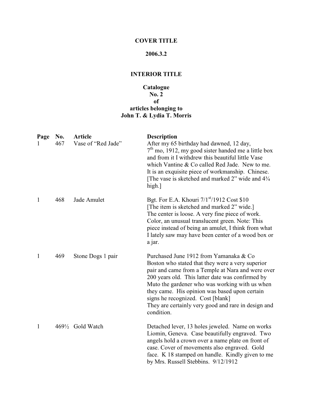 COVER TITLE 2006.3.2 INTERIOR TITLE Catalogue No. 2 of Articles