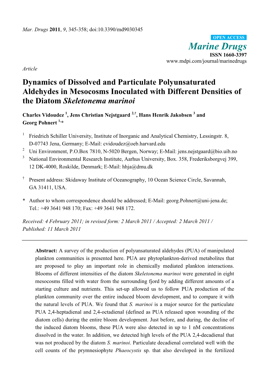 Dynamics of Dissolved and Particulate Polyunsaturated Aldehydes in Mesocosms Inoculated with Different Densities of the Diatom Skeletonema Marinoi