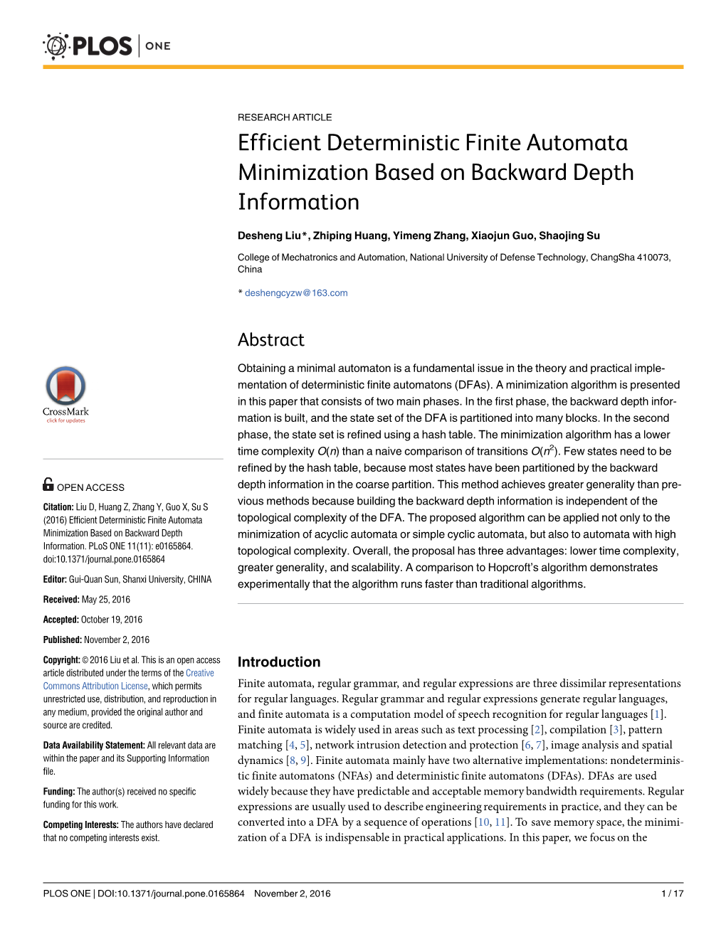 Efficient Deterministic Finite Automata Minimization Based on Backward Depth Information