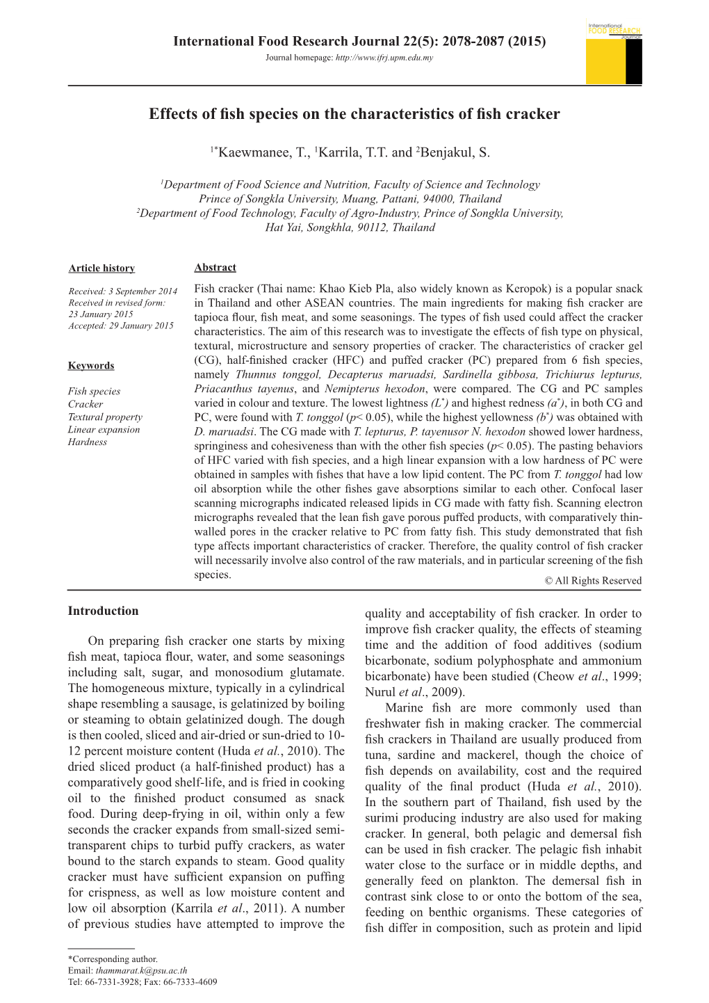 Effects of Fish Species on the Characteristics of Fish Cracker