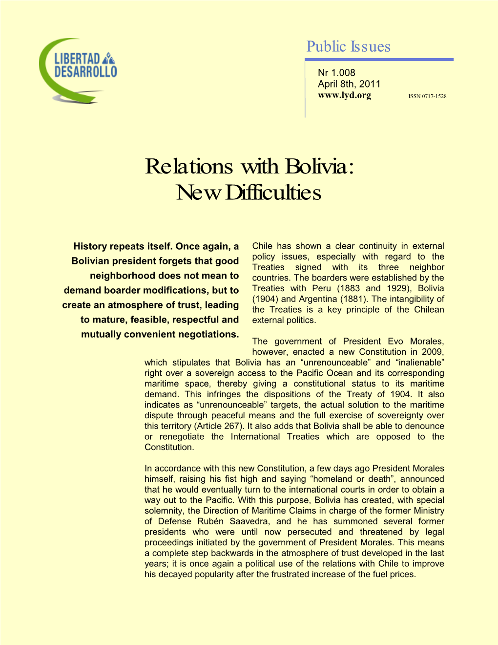 Relations with Bolivia: New Difficulties