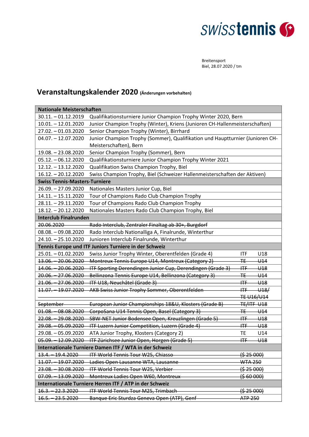 Veranstaltungskalender 2020 (Änderungen Vorbehalten)