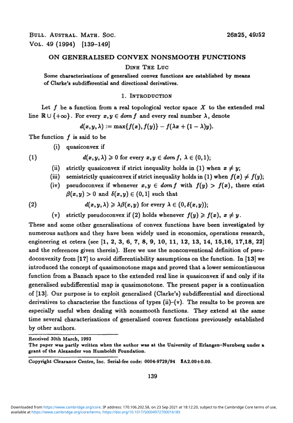 On Generalised Convex Nonsmooth Functions