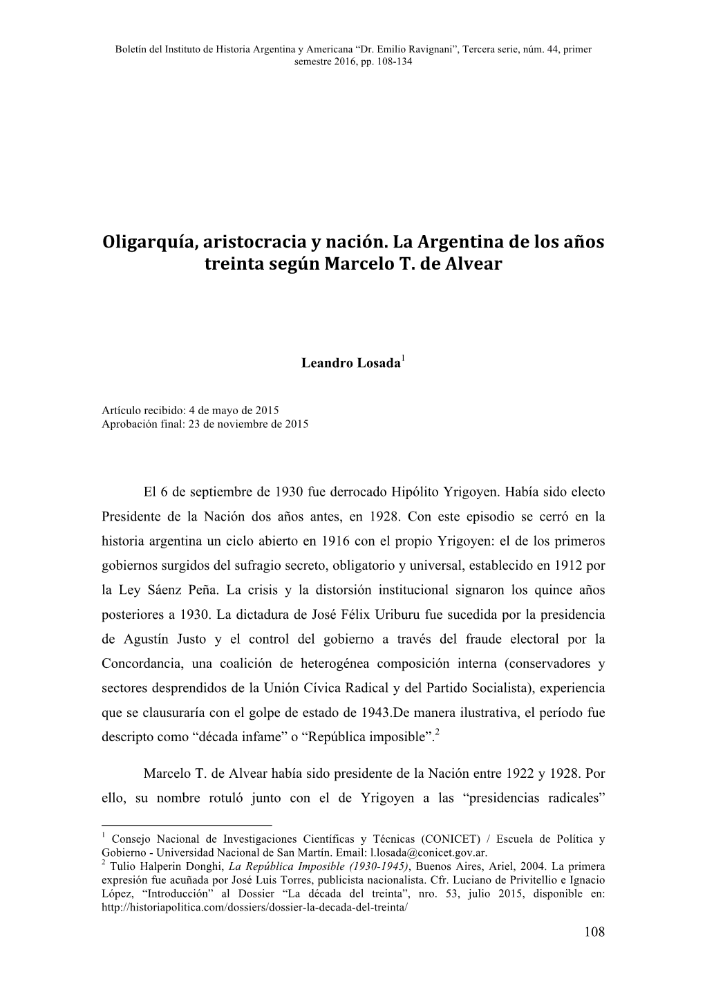 Oligarquía, Aristocracia Y Nación. La Argentina De Los Años Treinta Según Marcelo T